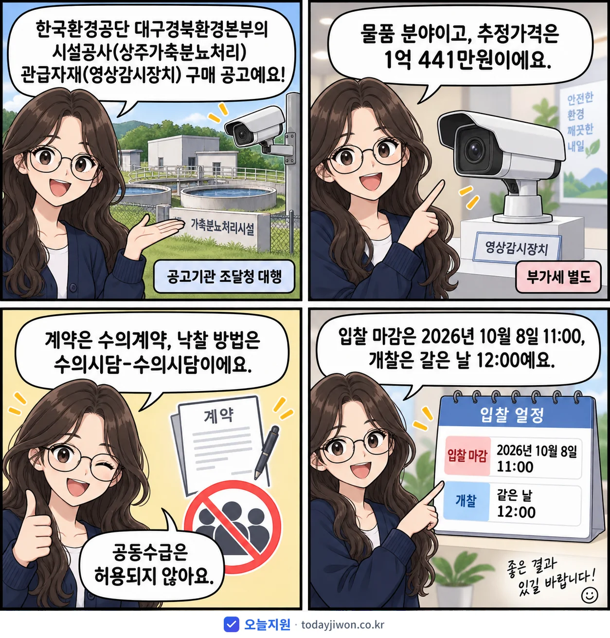4컷 만화로 보는 공고: 한국환경공단 대구경북환경본부 '시설공사(상주가축분뇨처리) 관급자재(영상감시장치) 구매', 추정가격 1억 441만원, 입찰 마감 10/8 11:00