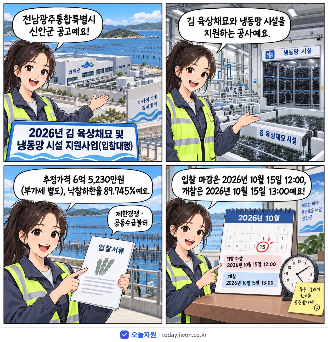 4컷 만화로 보는 공고: 전남광주통합특별시 신안군 '김 육상채묘 및 냉동망 시설 지원사업(입찰대행)', 추정가격 6억 5,230만원, 입찰 마감 10/15 12:00