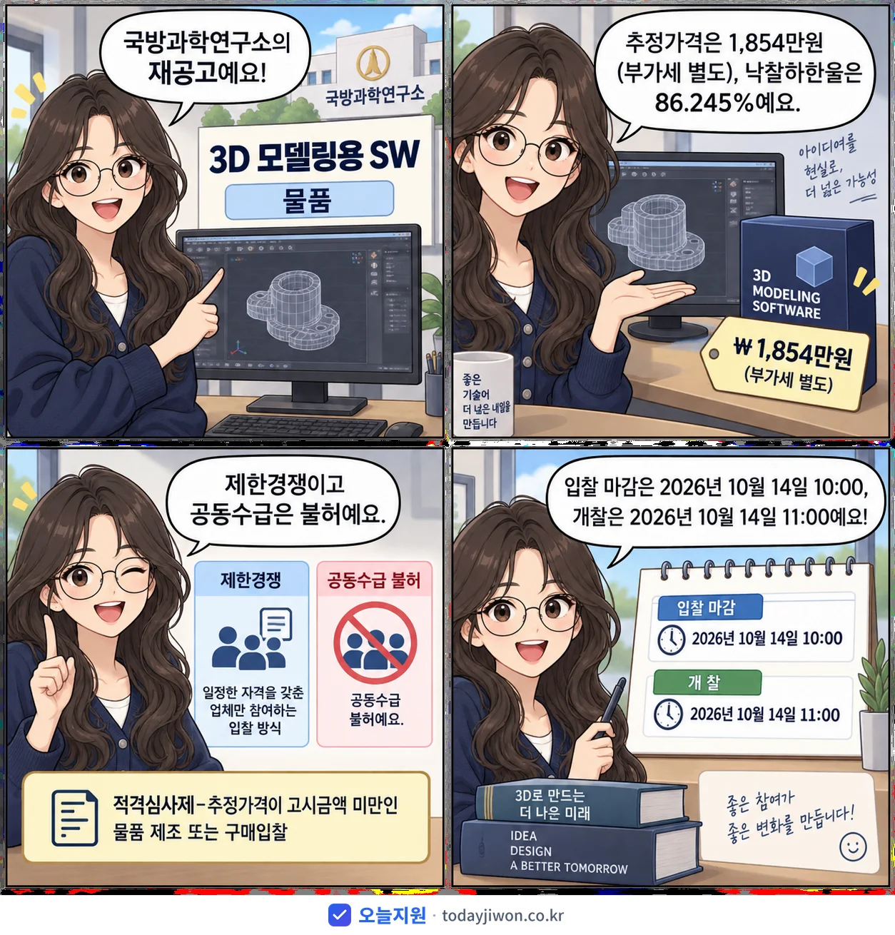 4컷 만화로 보는 공고: 국방과학연구소 '3D 모델링용 SW', 추정가격 1,854만원, 입찰 마감 10/14 10:00