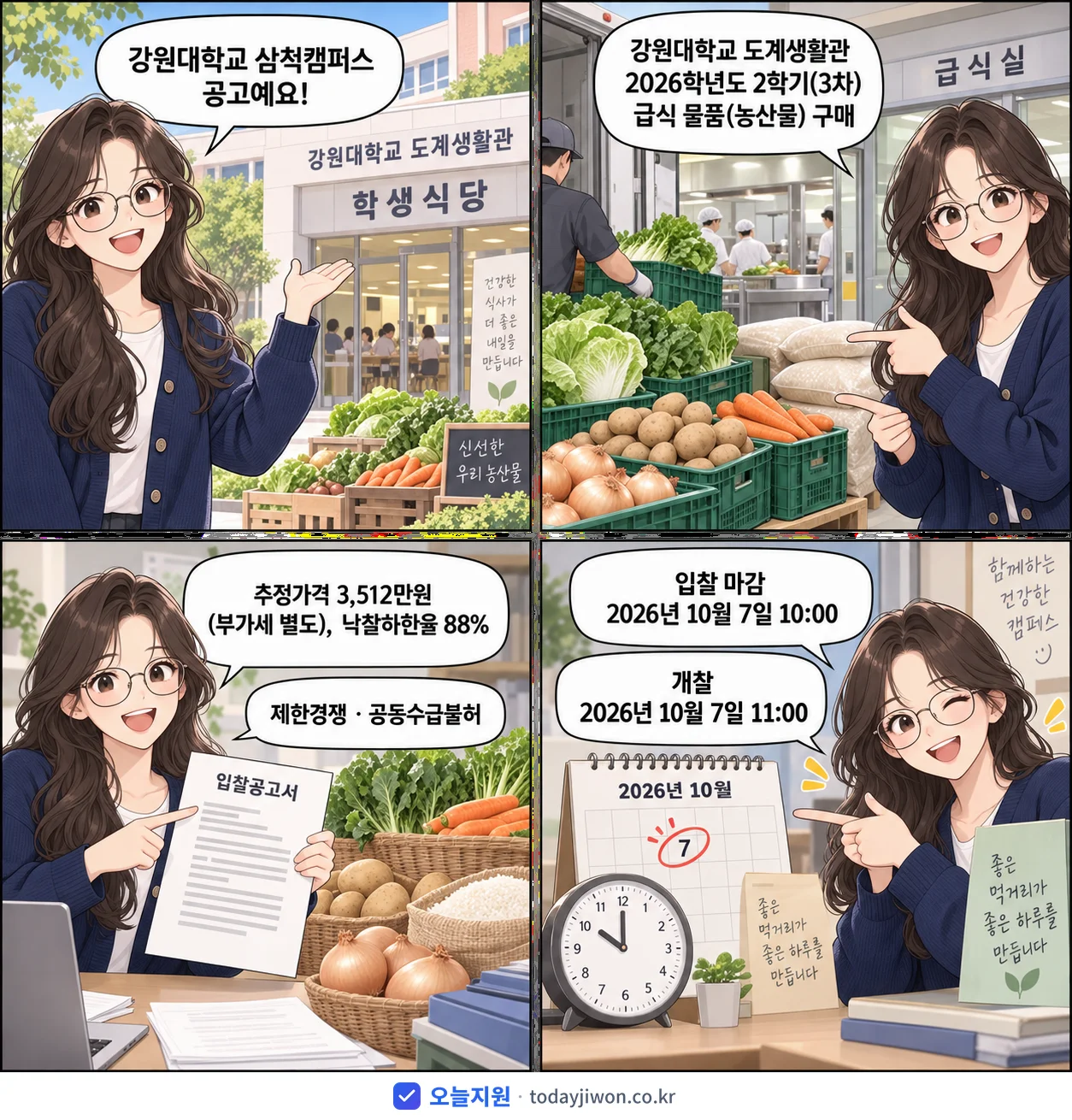 4컷 만화로 보는 공고: 강원대학교 삼척캠퍼스 '강원대학교 도계생활관 2026학년도 2학기(3차) 급식 물품(농산물)…', 추정가격 3,512만원, 입찰 마감 10/7 10:00