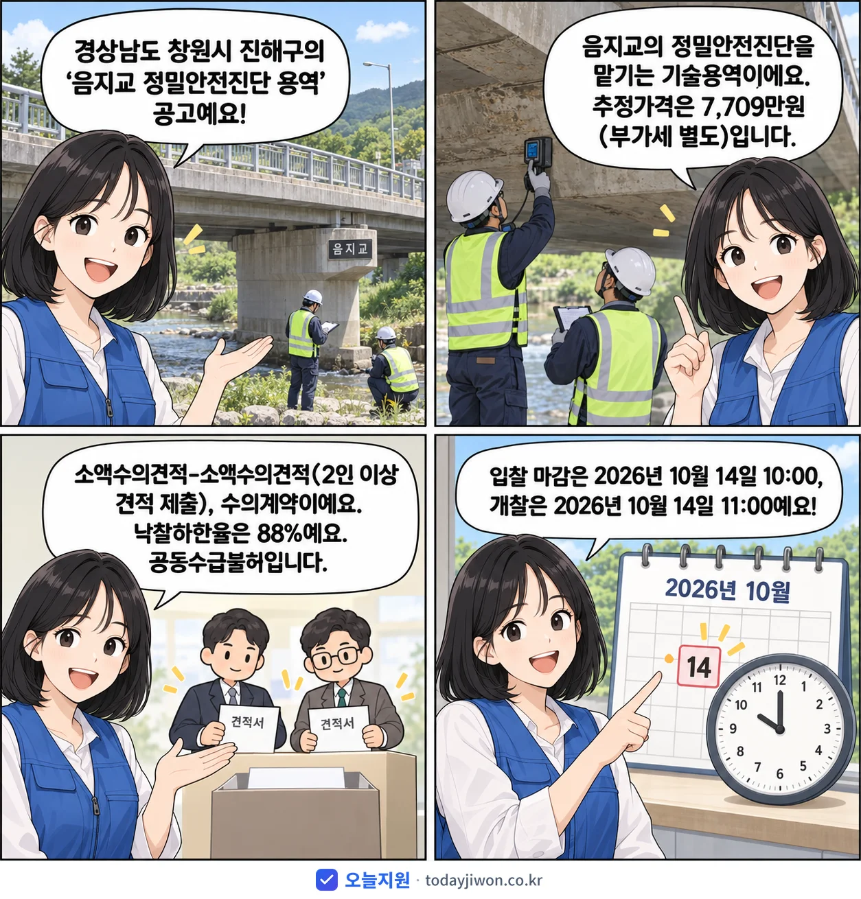4컷 만화로 보는 공고: 경상남도 창원시 진해구 '음지교 정밀안전진단 용역', 추정가격 7,709만원, 입찰 마감 10/14 10:00