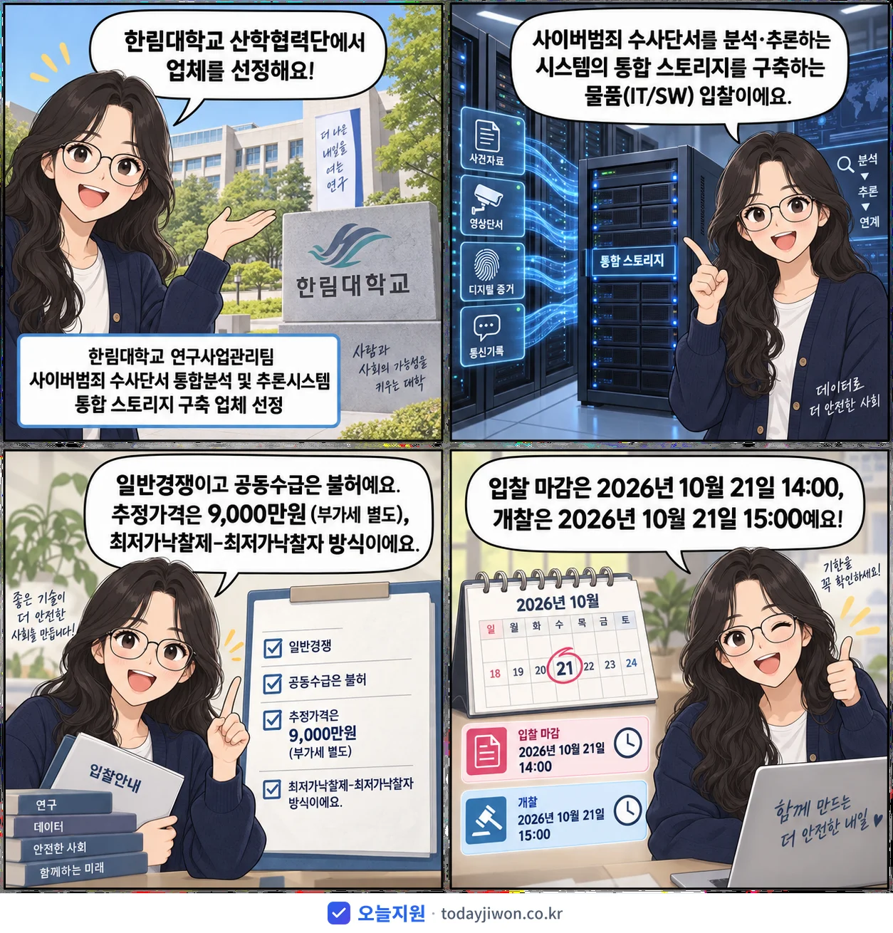 4컷 만화로 보는 공고: 한림대학교 산학협력단 '한림대학교 연구사업관리팀 사이버범죄 수사단서 통합분석 및 추론시스템 통…', 추정가격 9,000만원, 입찰 마감 10/21 14:00