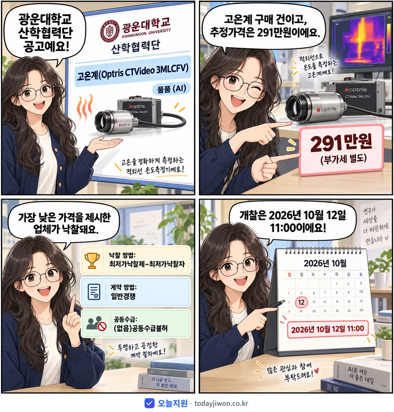 4컷 만화로 보는 공고: 광운대학교 산학협력단 '고온계(Optris CTVideo 3MLCFV)', 추정가격 291만원