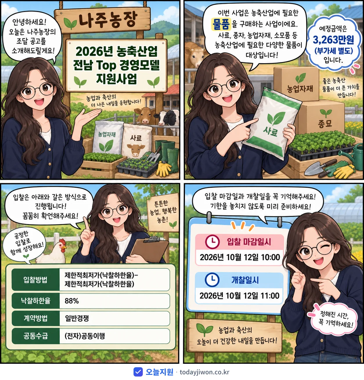 4컷 만화로 보는 공고: 나주농장 '농축산업 전남 Top 경영모델 지원사업', 추정가격 3,263만원, 입찰 마감 10/12 10:00