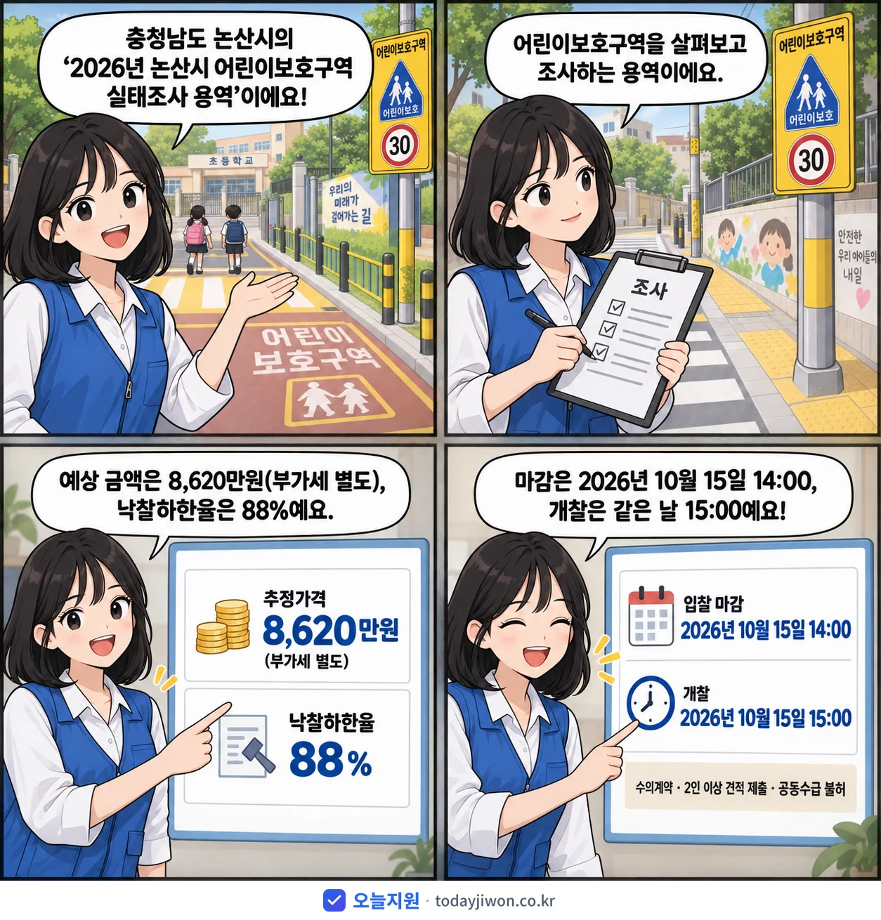 4컷 만화로 보는 공고: 충청남도 논산시 '논산시 어린이보호구역 실태조사 용역', 추정가격 8,620만원, 입찰 마감 10/15 14:00