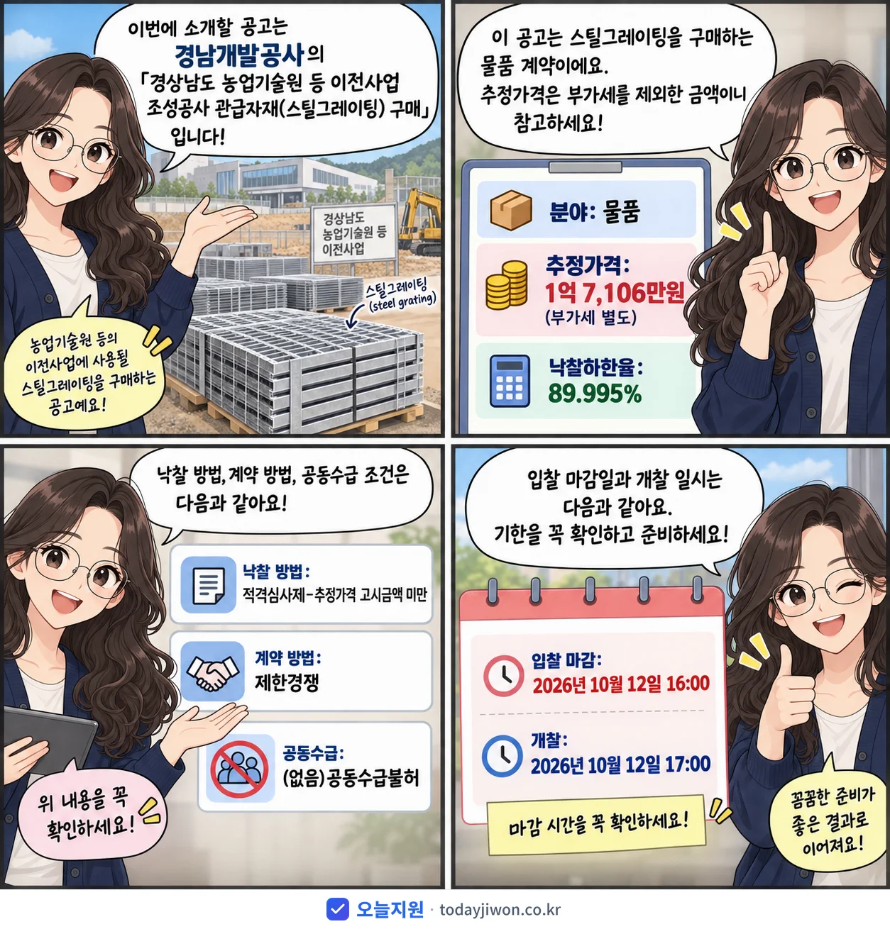 4컷 만화로 보는 공고: 경남개발공사 '경상남도 농업기술원 등 이전사업 조성공사 관급자재(스틸그레이팅) 구매', 추정가격 1억 7,106만원, 입찰 마감 10/12 16:00