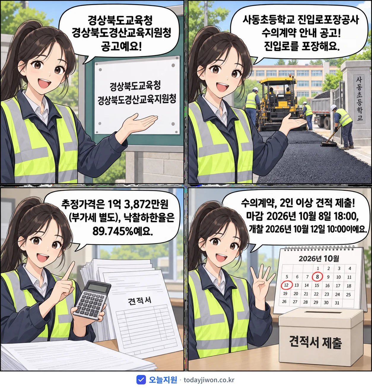 4컷 만화로 보는 공고: 경상북도교육청 경상북도경산교육지원청 '사동초등학교 진입로포장공사 수의계약 안내 공고', 추정가격 1억 3,872만원, 입찰 마감 10/8 18:00