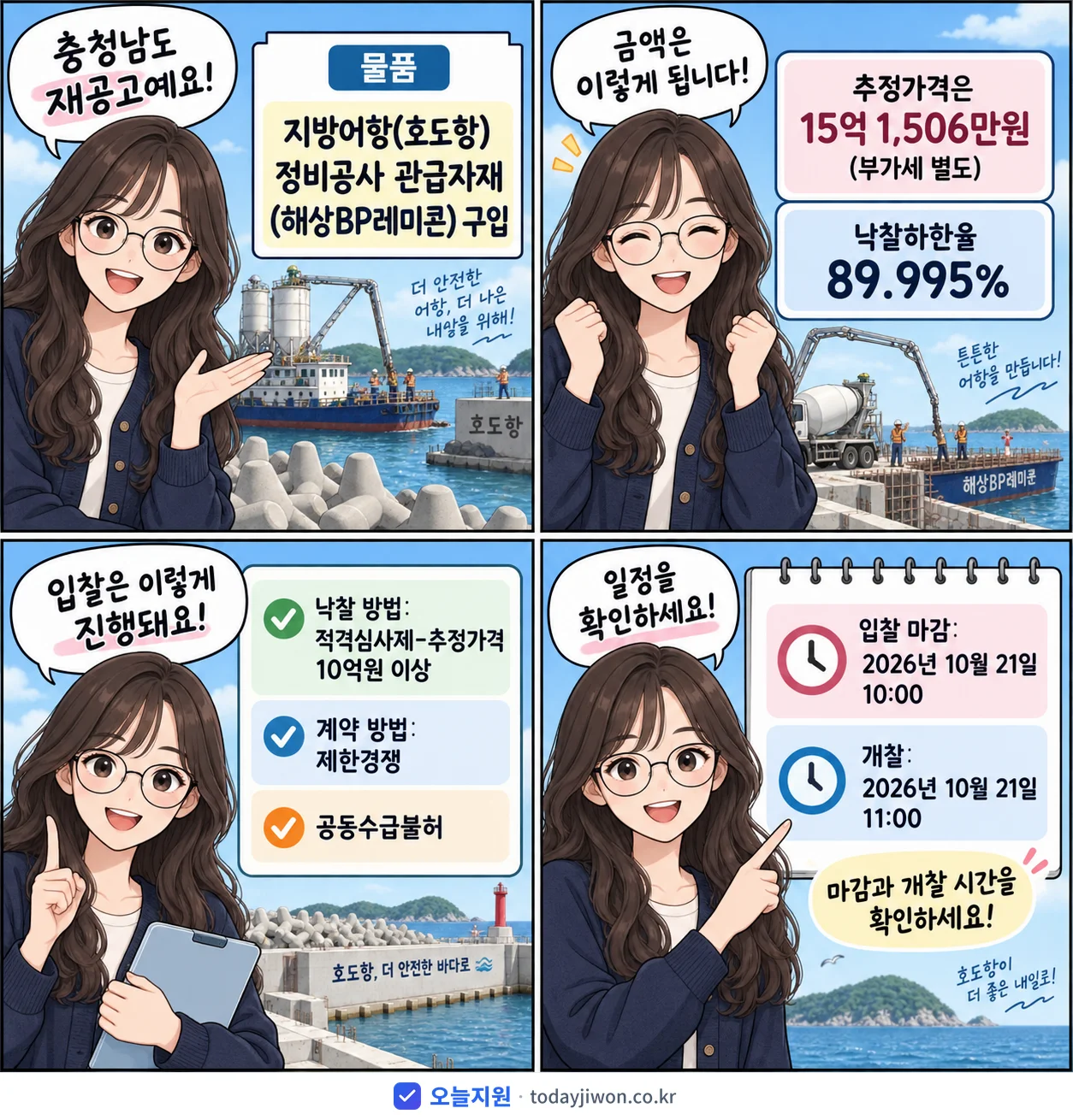 4컷 만화로 보는 공고: 충청남도 '지방어항(호도항) 정비공사 관급자재(해상BP레미콘) 구입', 추정가격 15억 1,506만원, 입찰 마감 10/21 10:00