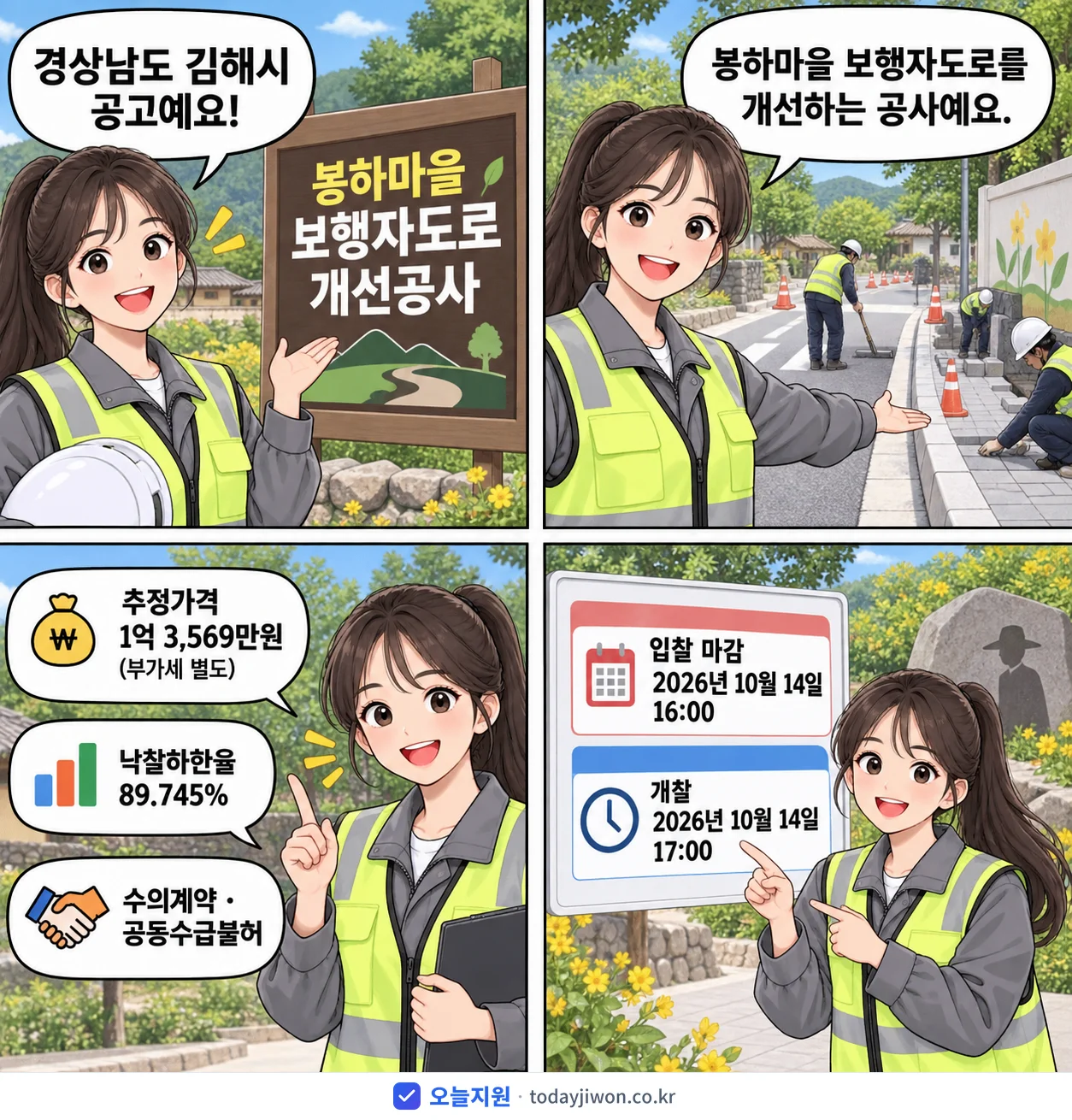 4컷 만화로 보는 공고: 경상남도 김해시 '봉하마을 보행자도로 개선공사', 추정가격 1억 3,569만원, 입찰 마감 10/14 16:00