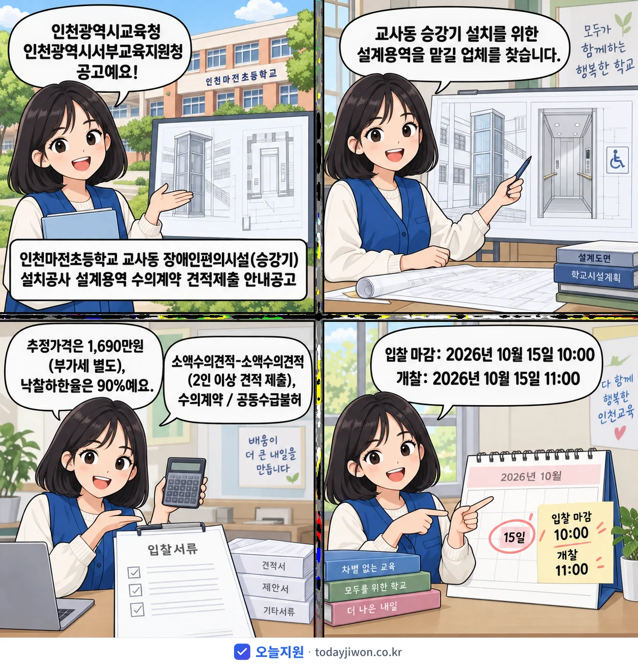 4컷 만화로 보는 공고: 인천광역시교육청 인천광역시서부교육지원청 '인천마전초등학교 교사동 장애인편의시설(승강기) 설치공사 설계용역 수의계…', 추정가격 1,690만원, 입찰 마감 10/15 10:00