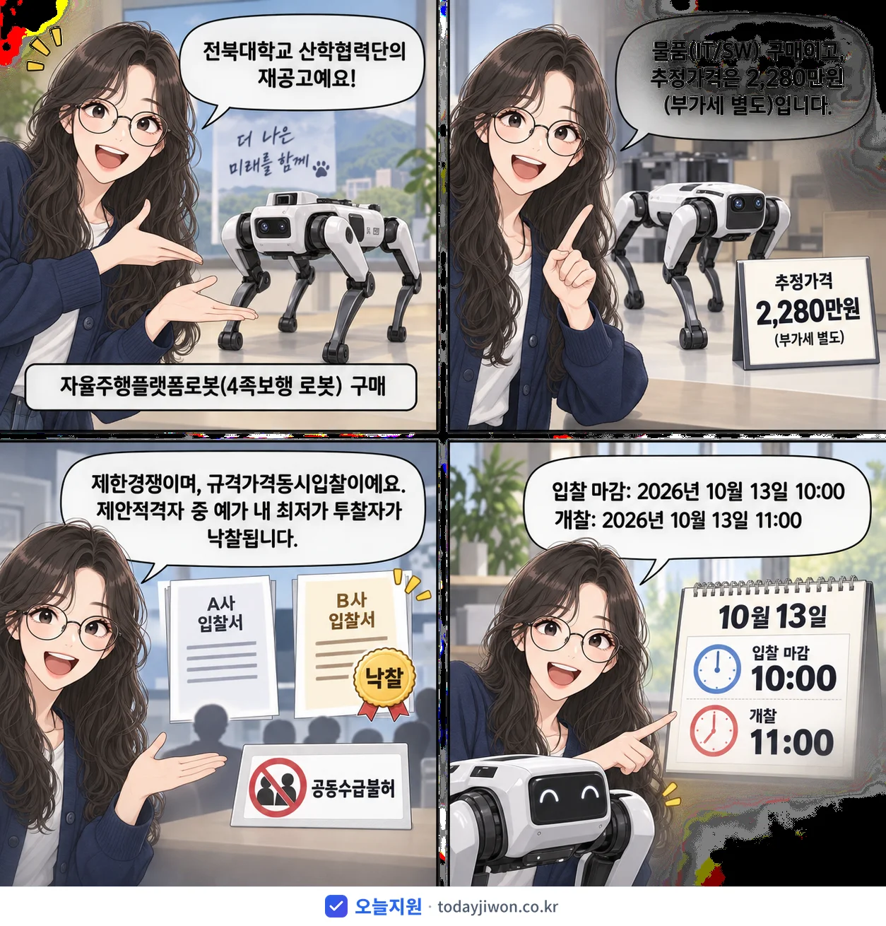 4컷 만화로 보는 공고: 전북대학교 산학협력단 '자율주행플랫폼로봇(4족보행 로봇) 구매', 추정가격 2,280만원, 입찰 마감 10/13 10:00