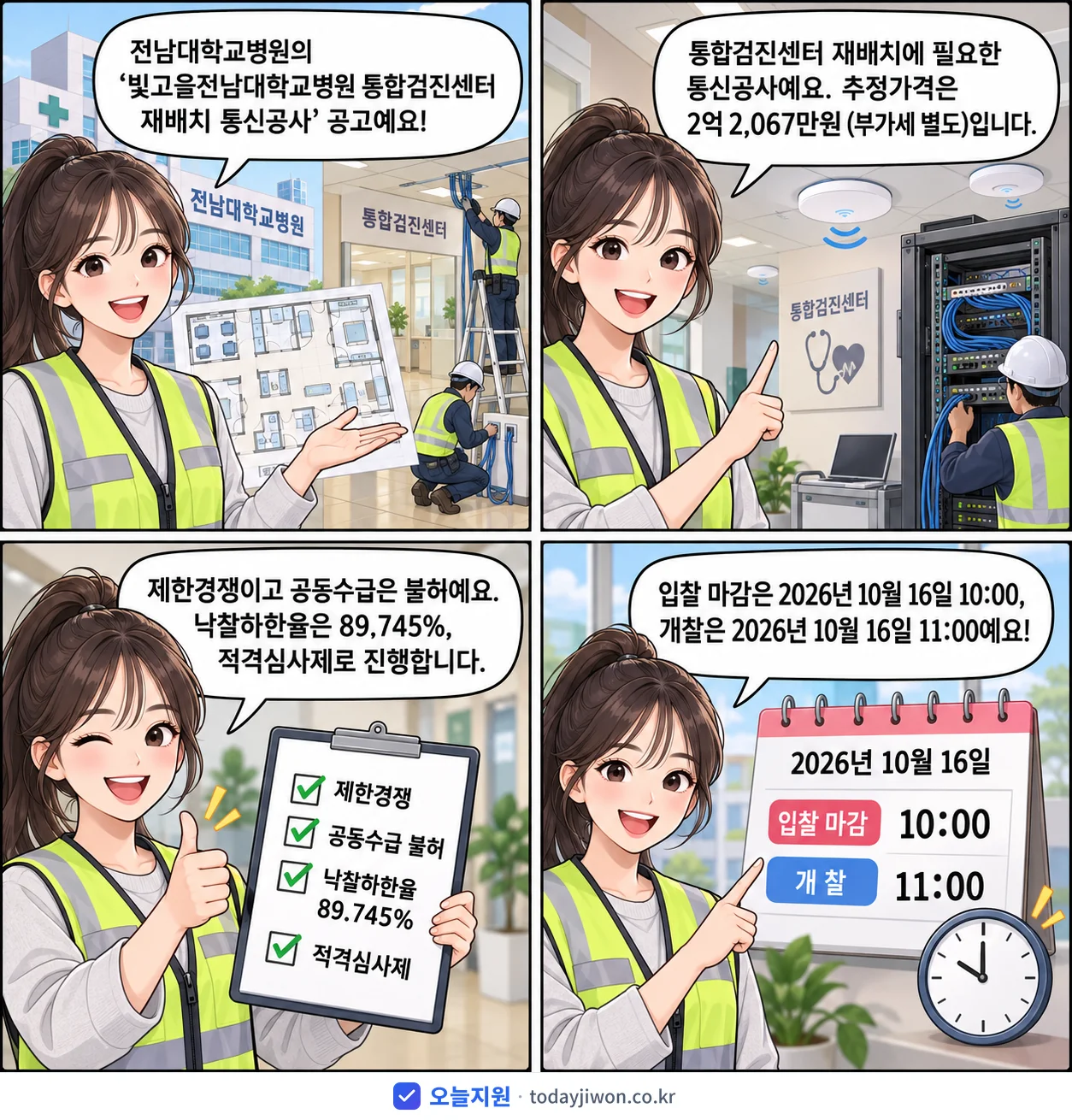 4컷 만화로 보는 공고: 전남대학교병원 '빛고을전남대학교병원 통합검진센터 재배치 통신공사', 추정가격 2억 2,067만원, 입찰 마감 10/16 10:00