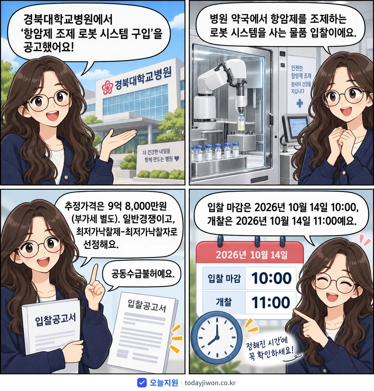 4컷 만화로 보는 공고: 경북대학교병원 '항암제 조제 로봇 시스템 구입', 추정가격 9억 8,000만원, 입찰 마감 10/14 10:00