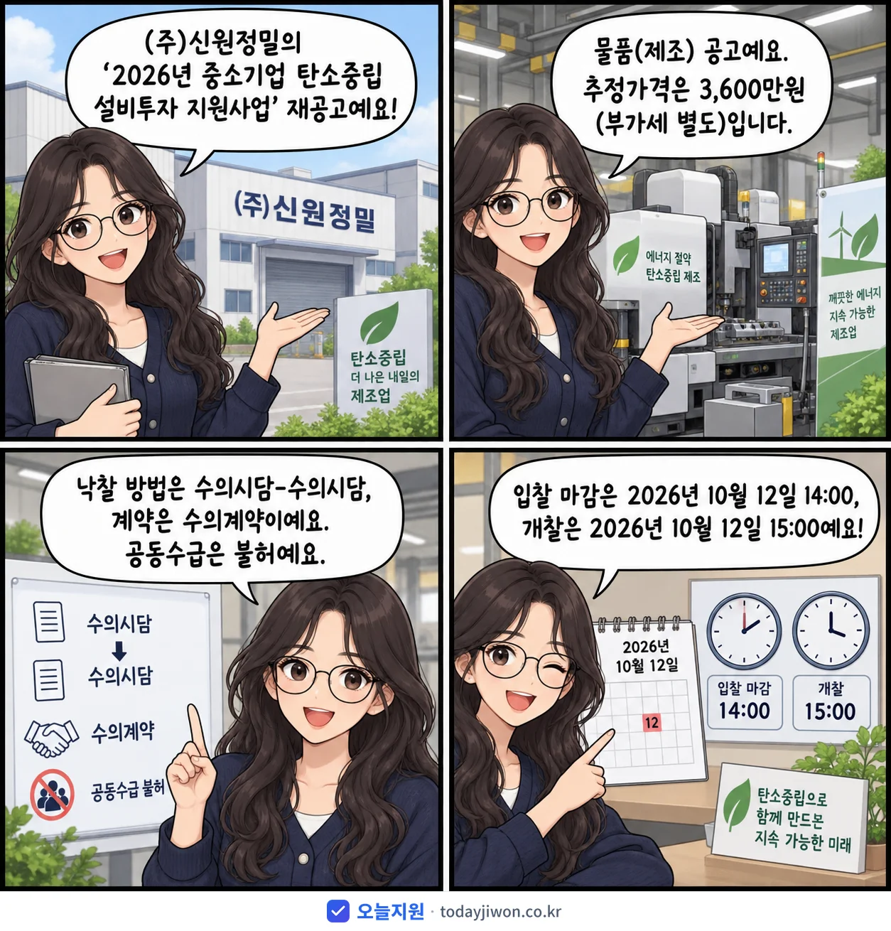 4컷 만화로 보는 공고: (주)신원정밀 '중소기업 탄소중립 설비투자 지원사업', 추정가격 3,600만원, 입찰 마감 10/12 14:00