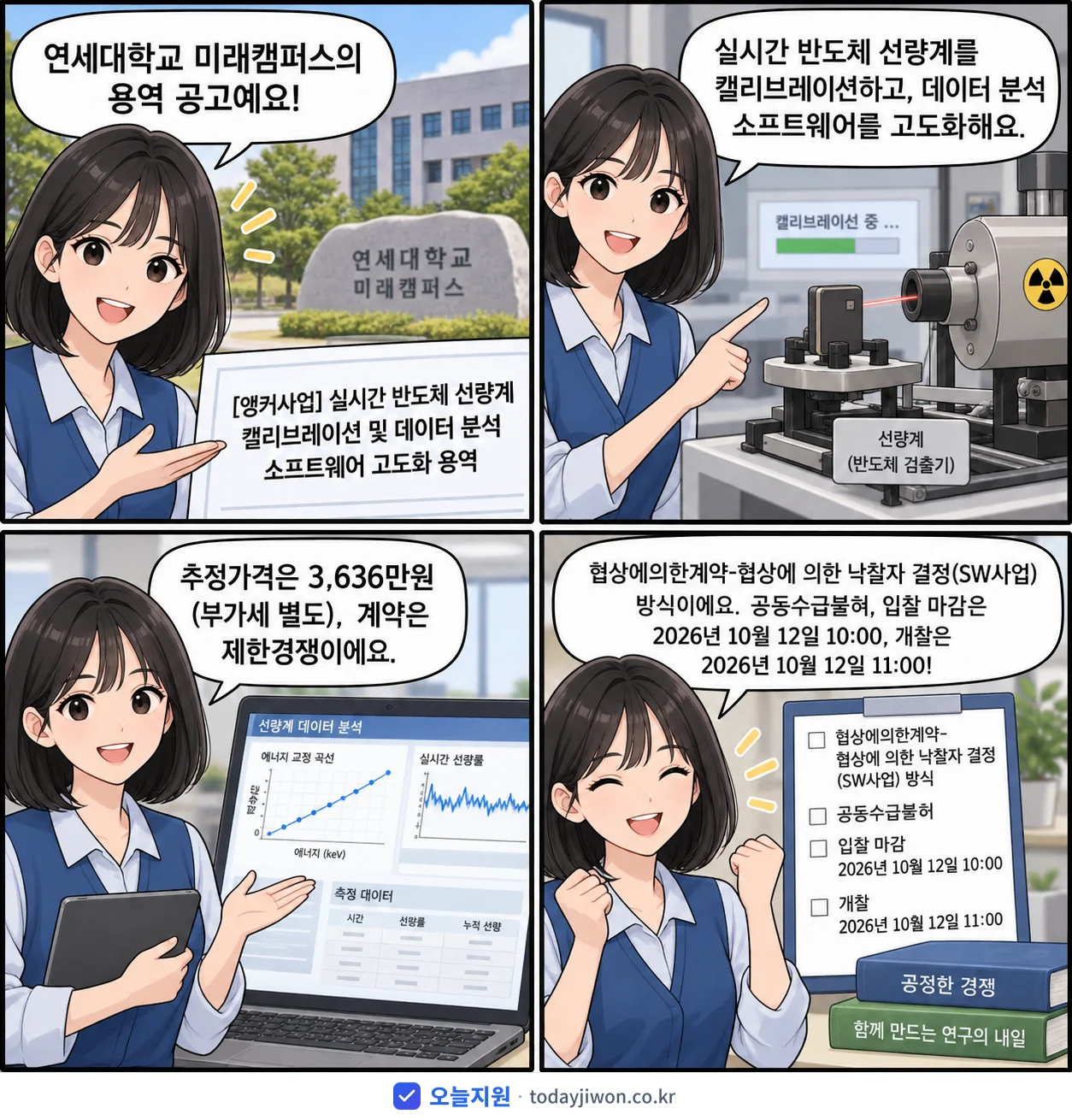 4컷 만화로 보는 공고: 연세대학교 미래캠퍼스 '실시간 반도체 선량계 캘리브레이션 및 데이터 분석 소프트웨어 고도화 용역', 추정가격 3,636만원, 입찰 마감 10/12 10:00