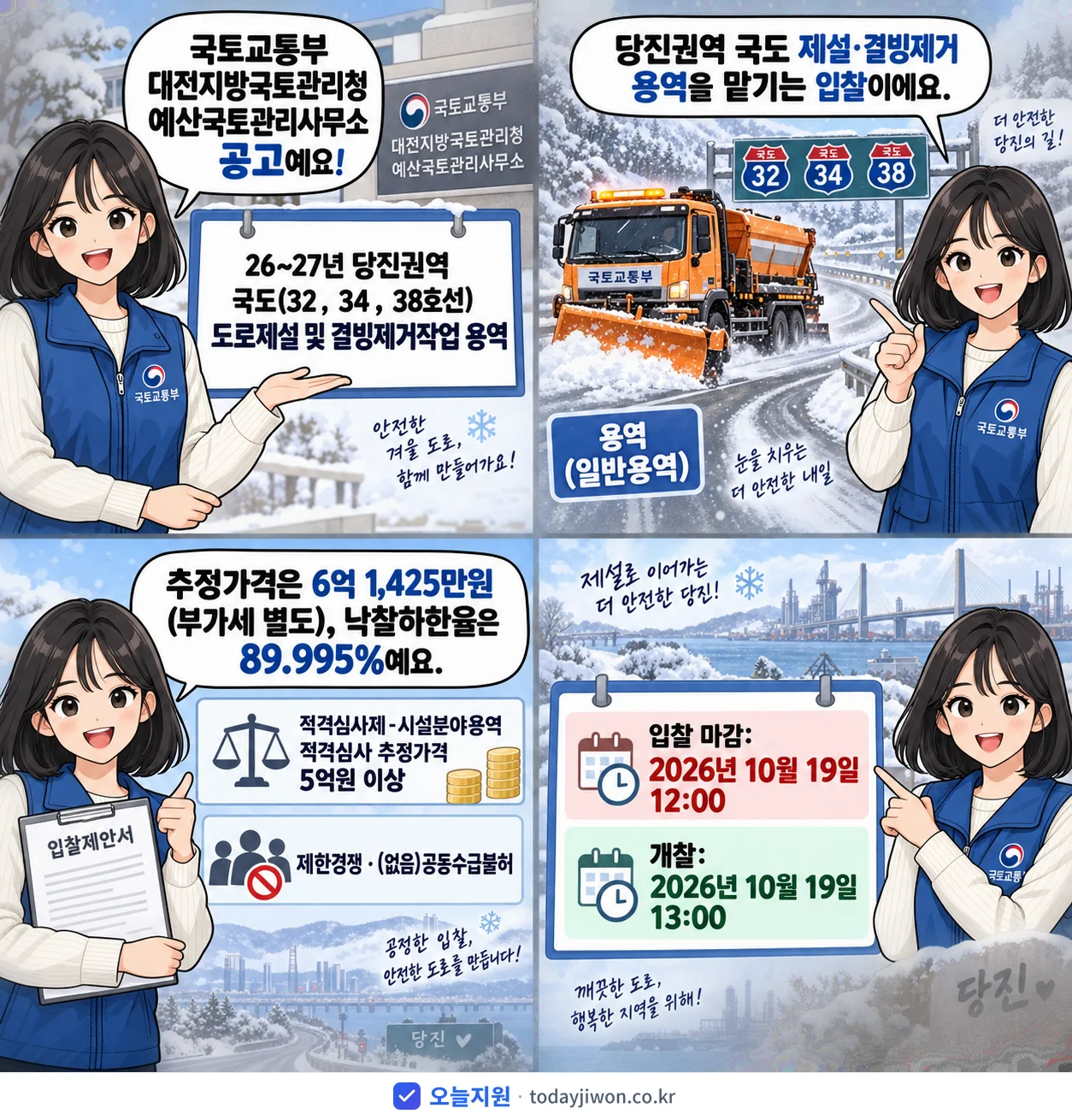 4컷 만화로 보는 공고: 국토교통부 대전지방국토관리청 예산국토관리사무소 '26~27년 당진권역 국도(32,34,38호선) 도로제설 및 결빙제거작…', 추정가격 6억 1,425만원, 입찰 마감 10/19 12:00