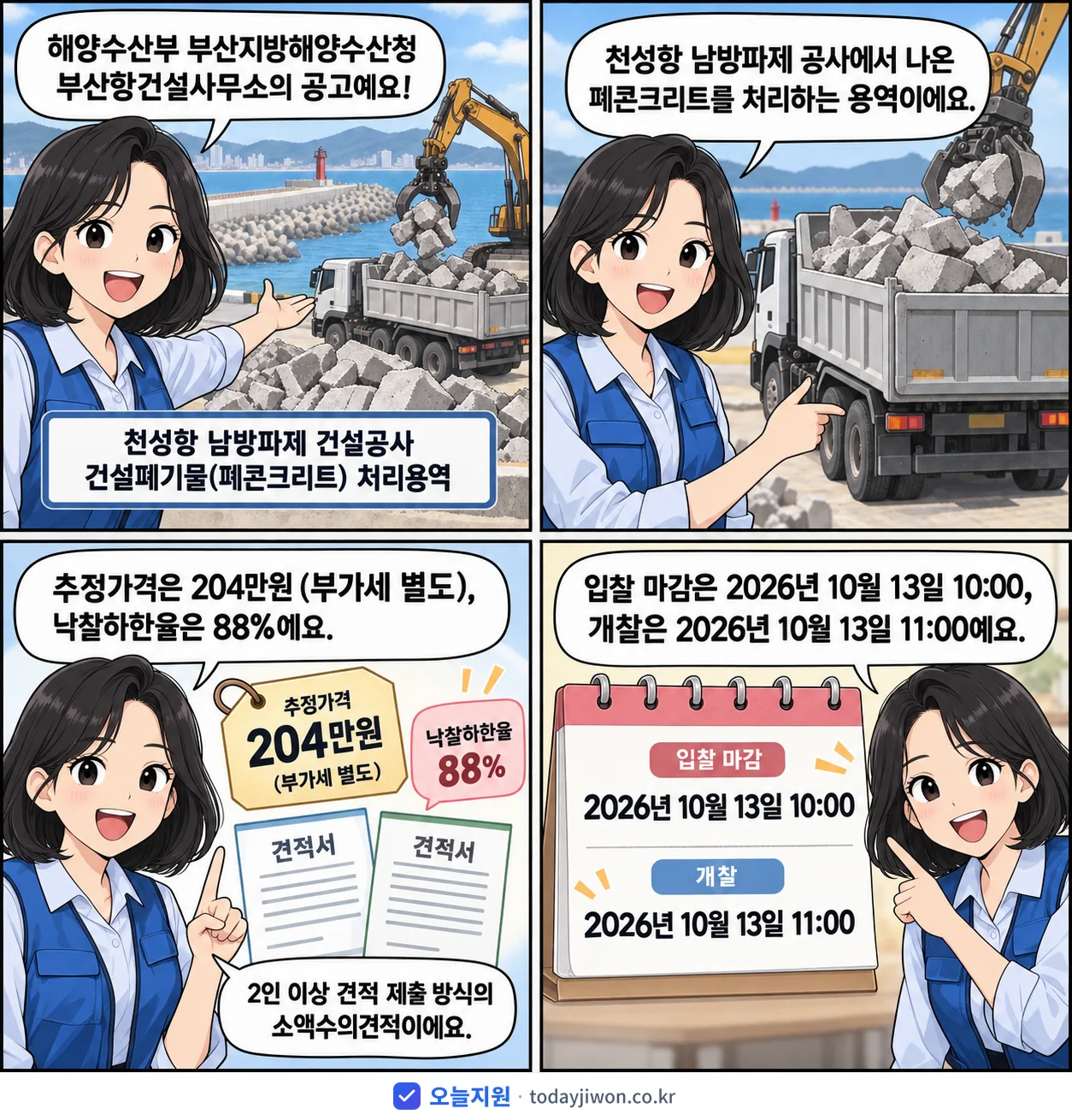 4컷 만화로 보는 공고: 해양수산부 부산지방해양수산청 부산항건설사무소 '천성항 남방파제 건설공사 건설폐기물(폐콘크리트) 처리용역', 추정가격 204만원, 입찰 마감 10/13 10:00
