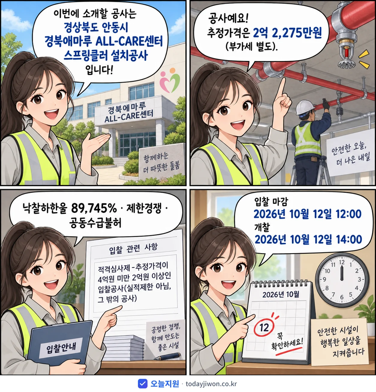 4컷 만화로 보는 공고: 경상북도 안동시 '경북애마루 ALL-CARE센터 스프링클러 설치공사', 추정가격 2억 2,275만원, 입찰 마감 10/12 12:00