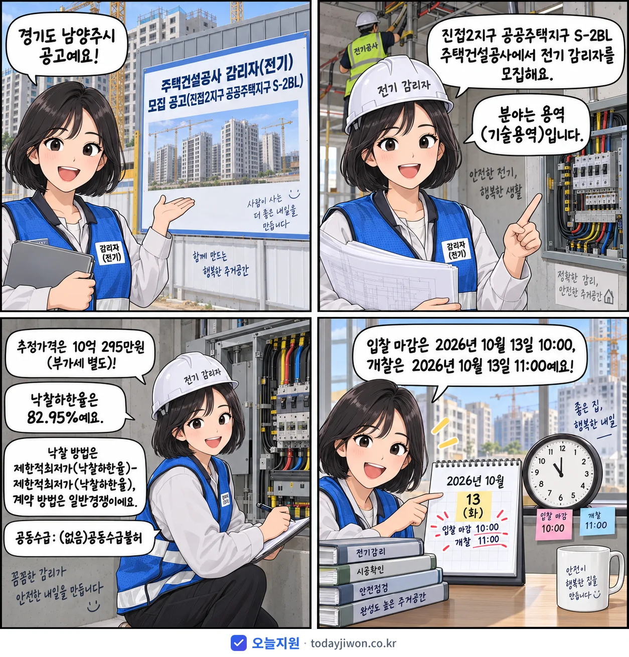 4컷 만화로 보는 공고: 경기도 남양주시 '주택건설공사 감리자(전기) 모집 공고(진접2지구 공공주택지구 S-2BL)', 추정가격 10억 295만원, 입찰 마감 10/13 10:00