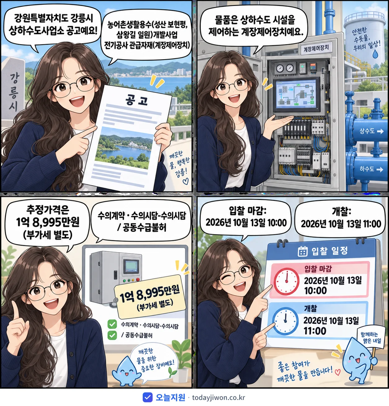 4컷 만화로 보는 공고: 강원특별자치도 강릉시 상하수도사업소 '농어촌생활용수(성산 보현평, 삼왕길 일원)개발사업 전기공사 관급자재(계…', 추정가격 1억 8,995만원, 입찰 마감 10/13 10:00