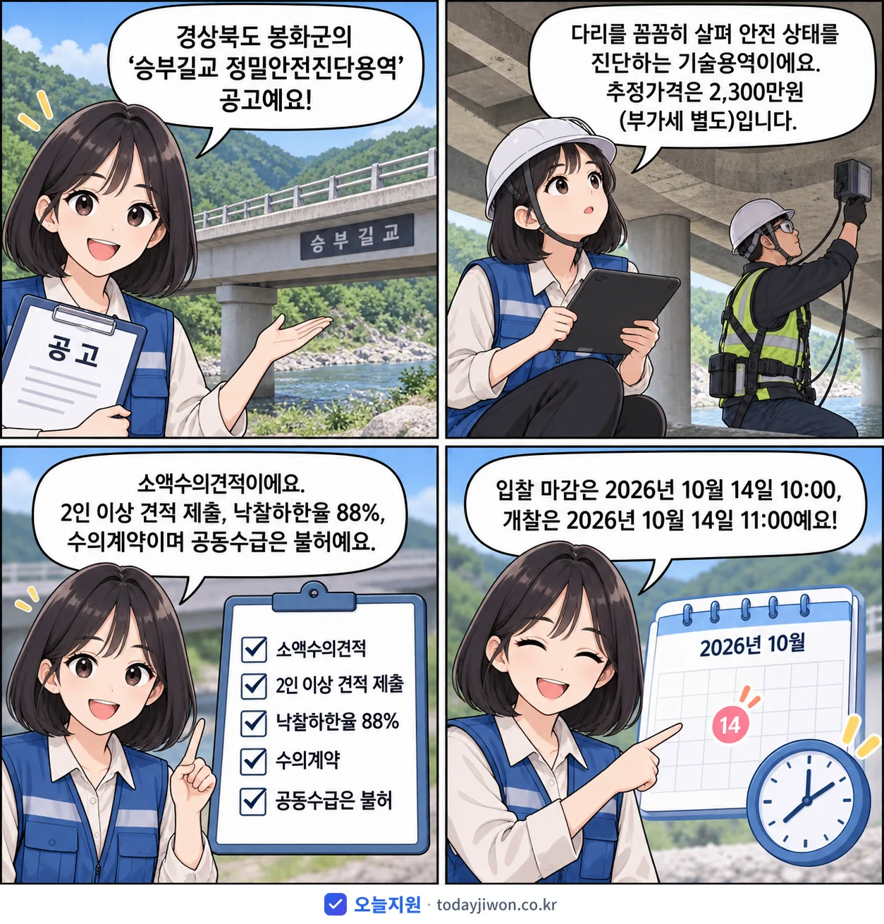 4컷 만화로 보는 공고: 경상북도 봉화군 '승부길교 정밀안전진단용역', 추정가격 2,300만원, 입찰 마감 10/14 10:00