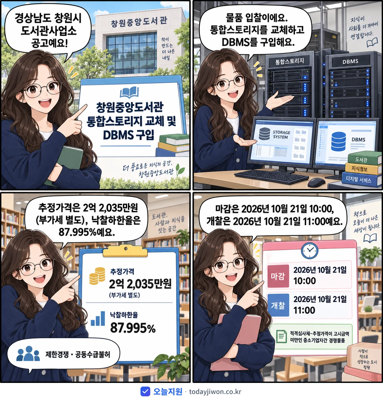 4컷 만화로 보는 공고: 경상남도 창원시 도서관사업소 '창원중앙도서관 통합스토리지 교체 및 DBMS 구입', 추정가격 2억 2,035만원, 입찰 마감 10/21 10:00