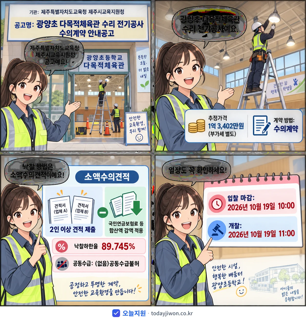 4컷 만화로 보는 공고: 제주특별자치도교육청 제주시교육지원청 '광양초 다목적체육관 수리 전기공사 수의계약 안내공고', 추정가격 1억 3,402만원, 입찰 마감 10/19 10:00