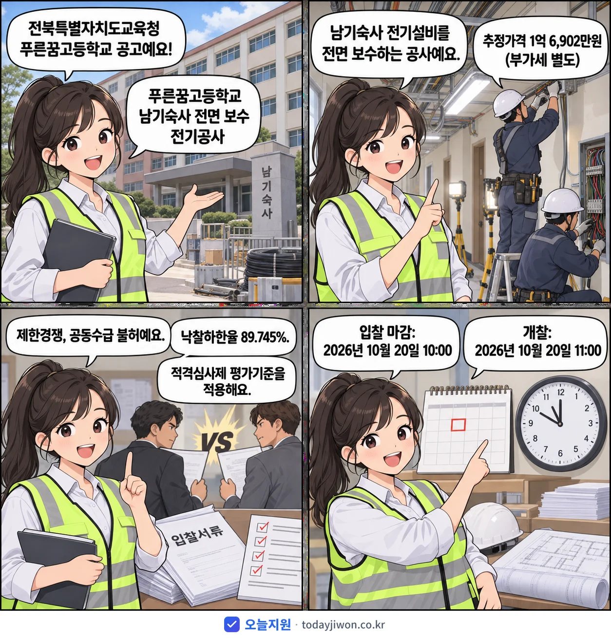 4컷 만화로 보는 공고: 전북특별자치도교육청 푸른꿈고등학교 '푸른꿈고등학교 남기숙사 전면 보수 전기공사', 추정가격 1억 6,902만원, 입찰 마감 10/20 10:00