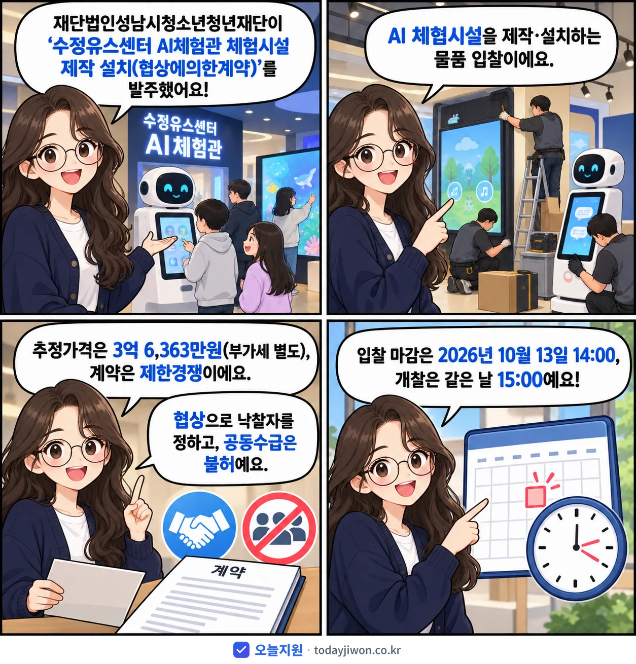 4컷 만화로 보는 공고: 재단법인성남시청소년청년재단 '수정유스센터 AI체험관 체험시설 제작 설치', 추정가격 3억 6,363만원, 입찰 마감 10/13 14:00