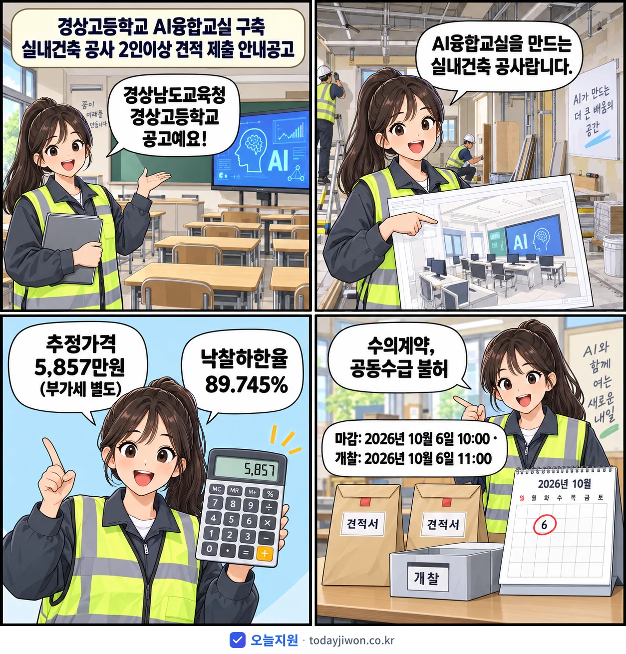 4컷 만화로 보는 공고: 경상남도교육청 경상고등학교 '경상고등학교 AI융합교실 구축 실내건축 공사 2인이상 견적 제출 안내공고', 추정가격 5,857만원, 입찰 마감 10/6 10:00