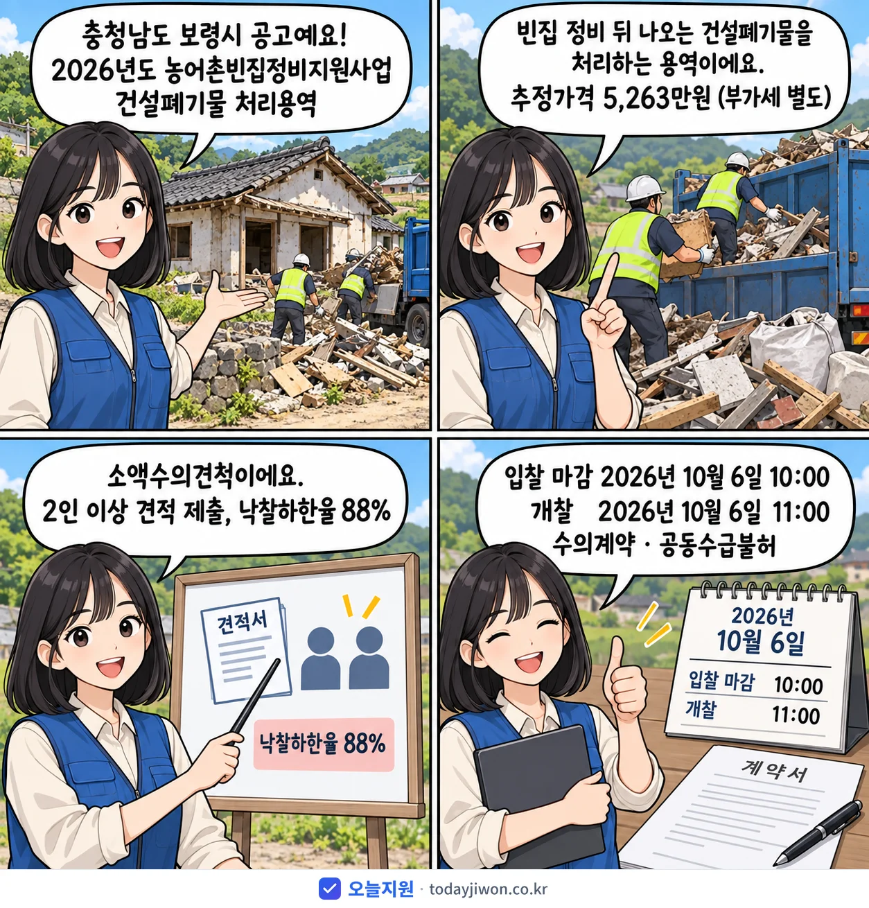 4컷 만화로 보는 공고: 충청남도 보령시 '농어촌빈집정비지원사업 건설폐기물 처리용역', 추정가격 5,263만원, 입찰 마감 10/6 10:00