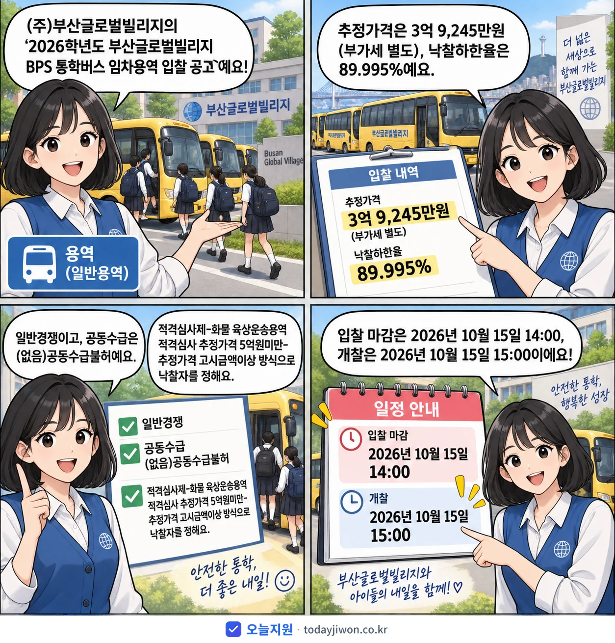 4컷 만화로 보는 공고: (주)부산글로벌빌리지 '학년도 부산글로벌빌리지 BPS 통학버스 임차용역 입찰 공고', 추정가격 3억 9,245만원, 입찰 마감 10/15 14:00