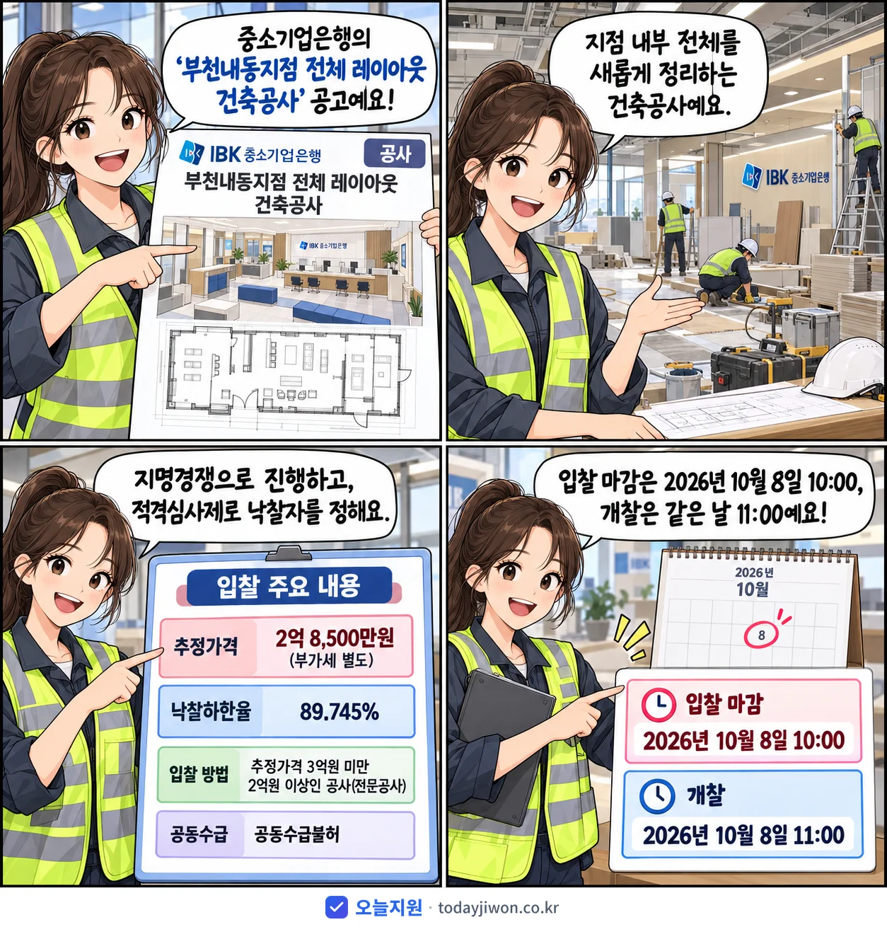 4컷 만화로 보는 공고: 중소기업은행 '부천내동지점 전체 레이아웃 건축공사', 추정가격 2억 8,500만원, 입찰 마감 10/8 10:00