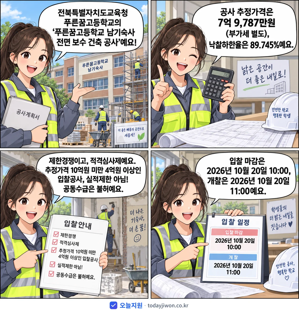 4컷 만화로 보는 공고: 전북특별자치도교육청 푸른꿈고등학교 '푸른꿈고등학교 남기숙사 전면 보수 건축 공사', 추정가격 7억 9,787만원, 입찰 마감 10/20 10:00