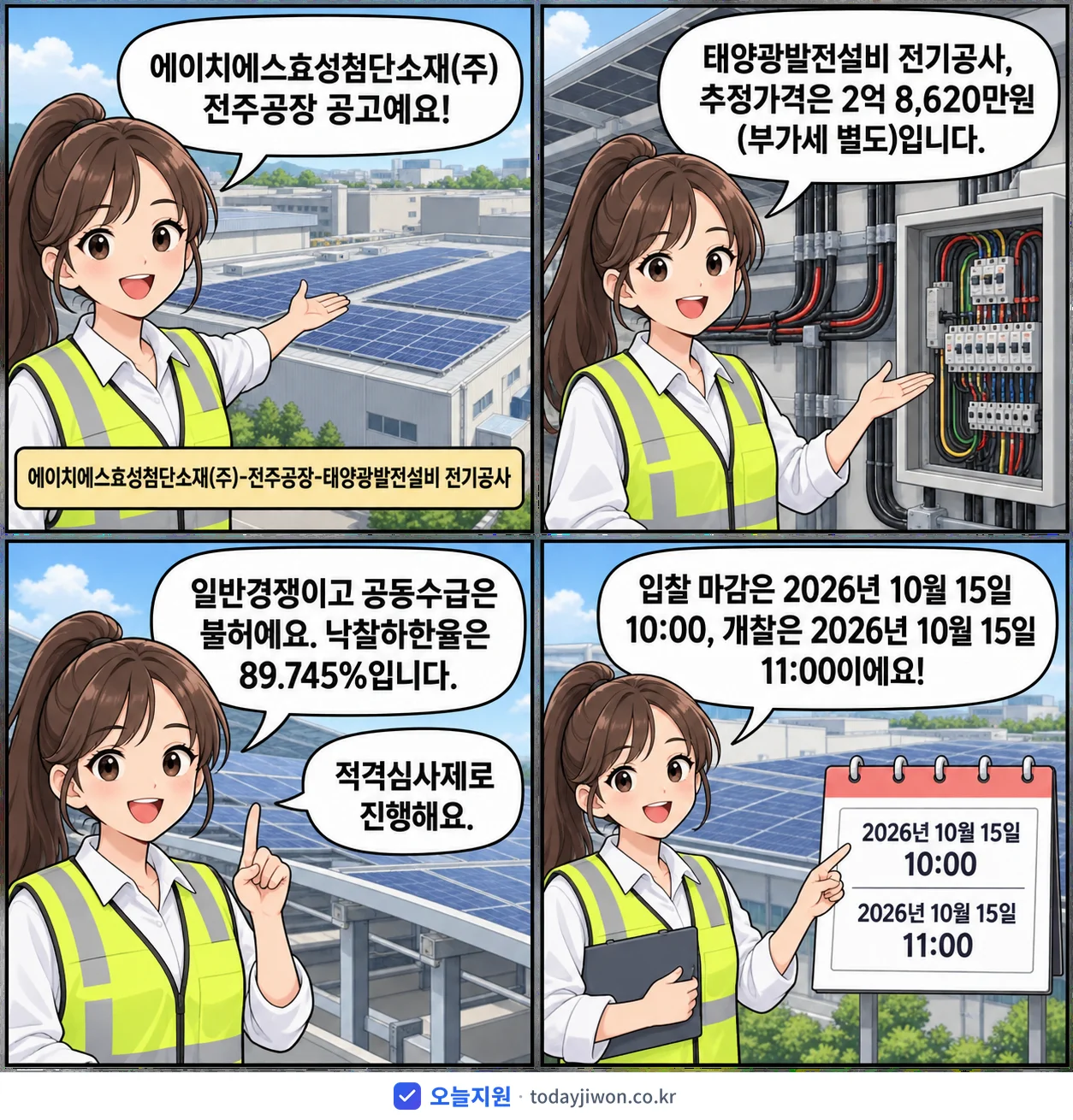 4컷 만화로 보는 공고: 에이치에스효성첨단소재(주) 전주공장 '에이치에스효성첨단소재(주)-전주공장-태양광발전설비 전기공사', 추정가격 2억 8,620만원, 입찰 마감 10/15 10:00