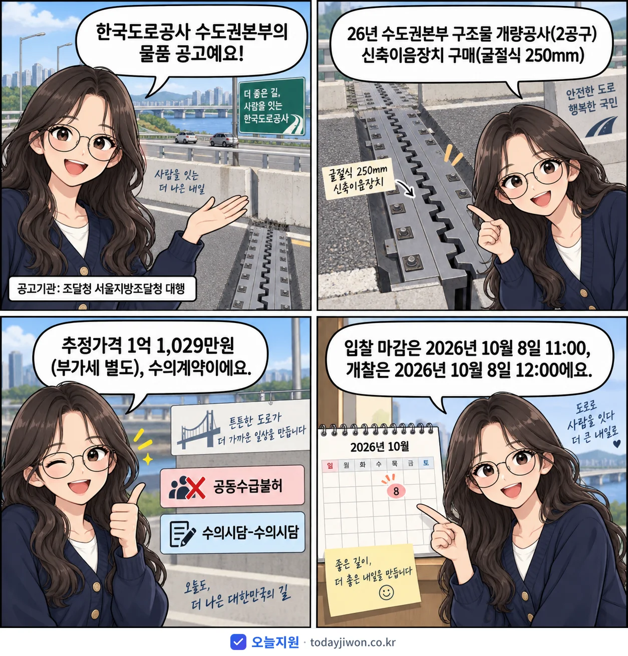 4컷 만화로 보는 공고: 한국도로공사 수도권본부 '26년 수도권본부 구조물 개량공사(2공구) 신축이음장치 구매(굴절식 2…', 추정가격 1억 1,029만원, 입찰 마감 10/8 11:00