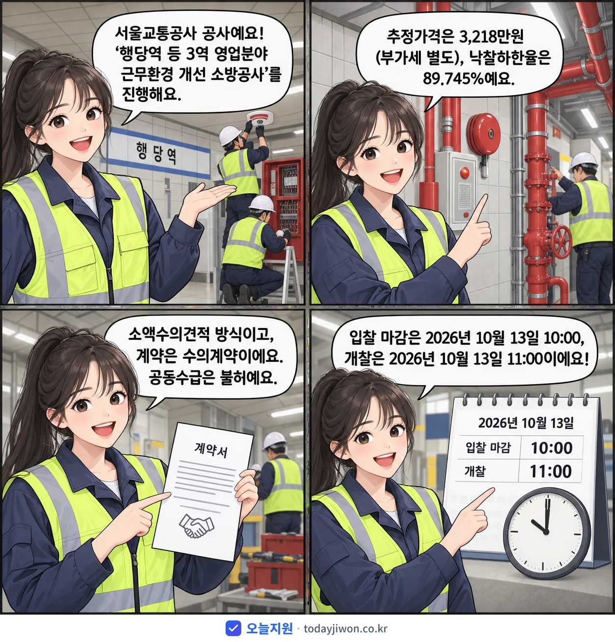 4컷 만화로 보는 공고: 서울교통공사 '행당역 등 3역 영업분야 근무환경 개선 소방공사', 추정가격 3,218만원, 입찰 마감 10/13 10:00