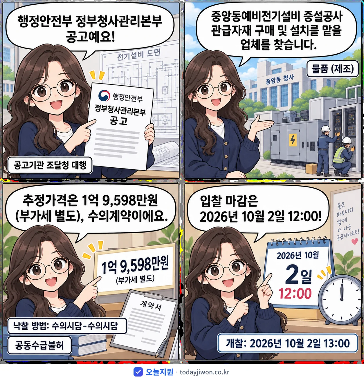 4컷 만화로 보는 공고: 행정안전부 정부청사관리본부 '중앙동예비전기설비 증설공사 관급자재 구매 및 설치', 추정가격 1억 9,598만원, 입찰 마감 10/2 12:00