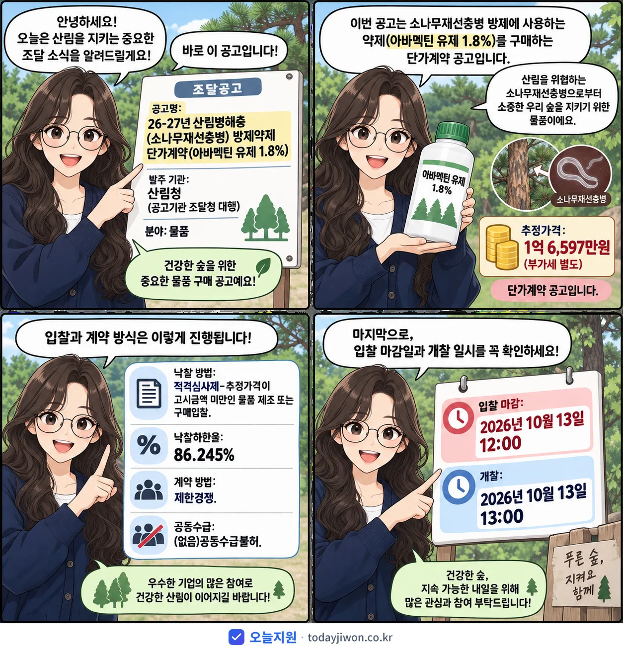 4컷 만화로 보는 공고: 산림청 '26-27년 산림병해충(소나무재선충병) 방제약제 단가계약(아바멕틴 유제…', 추정가격 1억 6,597만원, 입찰 마감 10/13 12:00