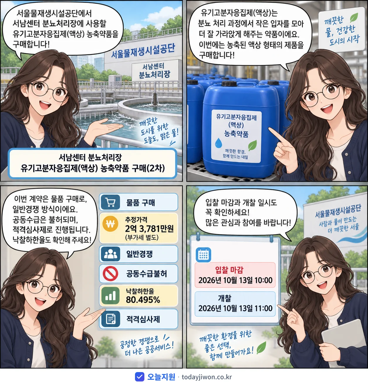4컷 만화로 보는 공고: 서울물재생시설공단 '서남센터 분뇨처리장 유기고분자응집제(액상) 농축약품 구매(2차)', 추정가격 2억 3,781만원, 입찰 마감 10/13 10:00