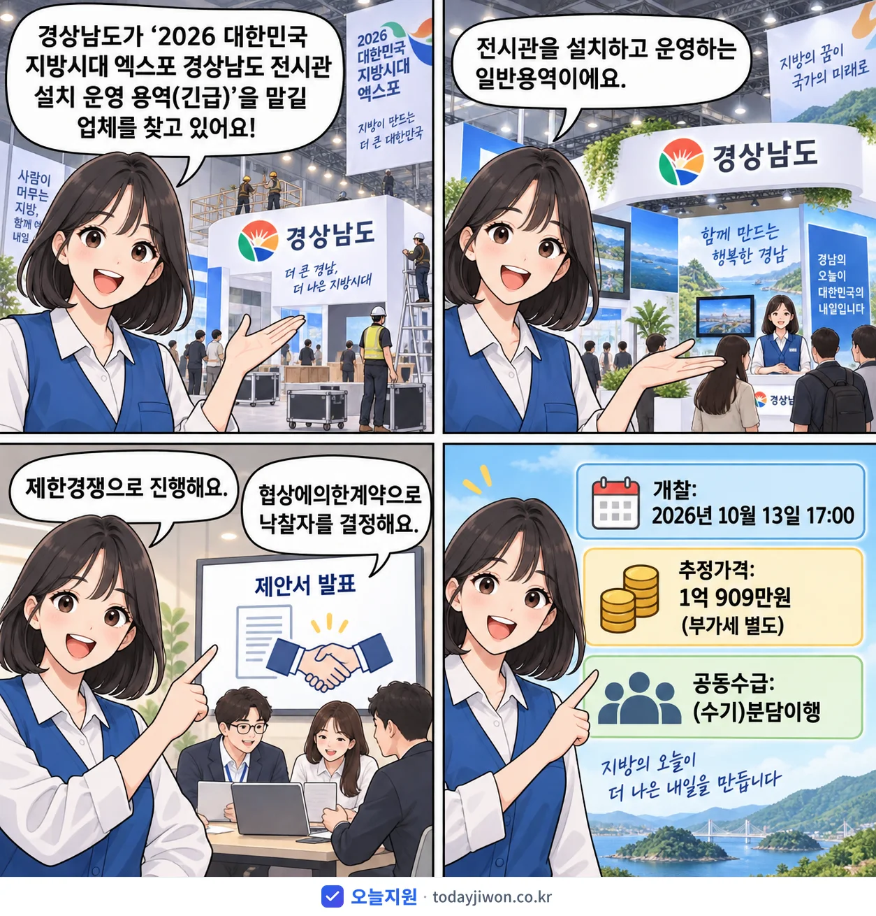 4컷 만화로 보는 공고: 경상남도 '대한민국 지방시대 엑스포 경상남도 전시관 설치 운영 용역', 추정가격 1억 909만원