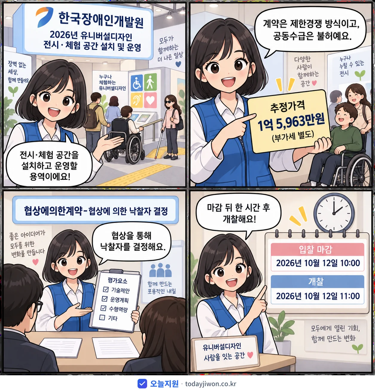4컷 만화로 보는 공고: 한국장애인개발원 '유니버설디자인 전시·체험 공간 설치 및 운영', 추정가격 1억 5,963만원, 입찰 마감 10/12 10:00