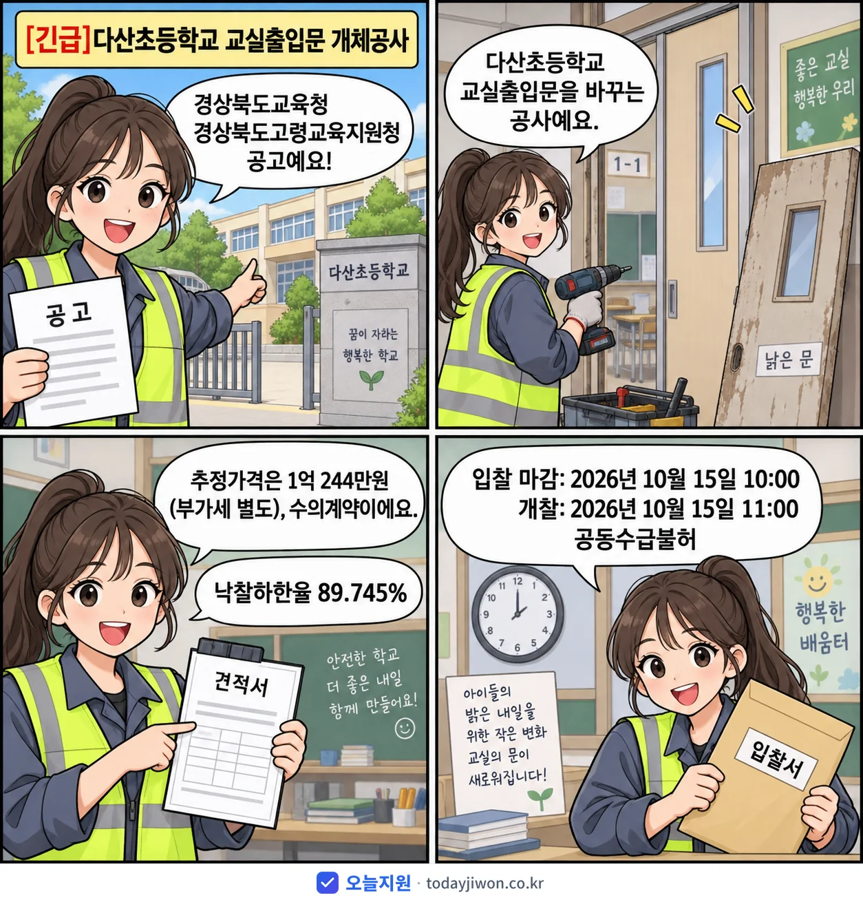 4컷 만화로 보는 공고: 경상북도교육청 경상북도고령교육지원청 '다산초등학교 교실출입문 개체공사', 추정가격 1억 244만원, 입찰 마감 10/15 10:00
