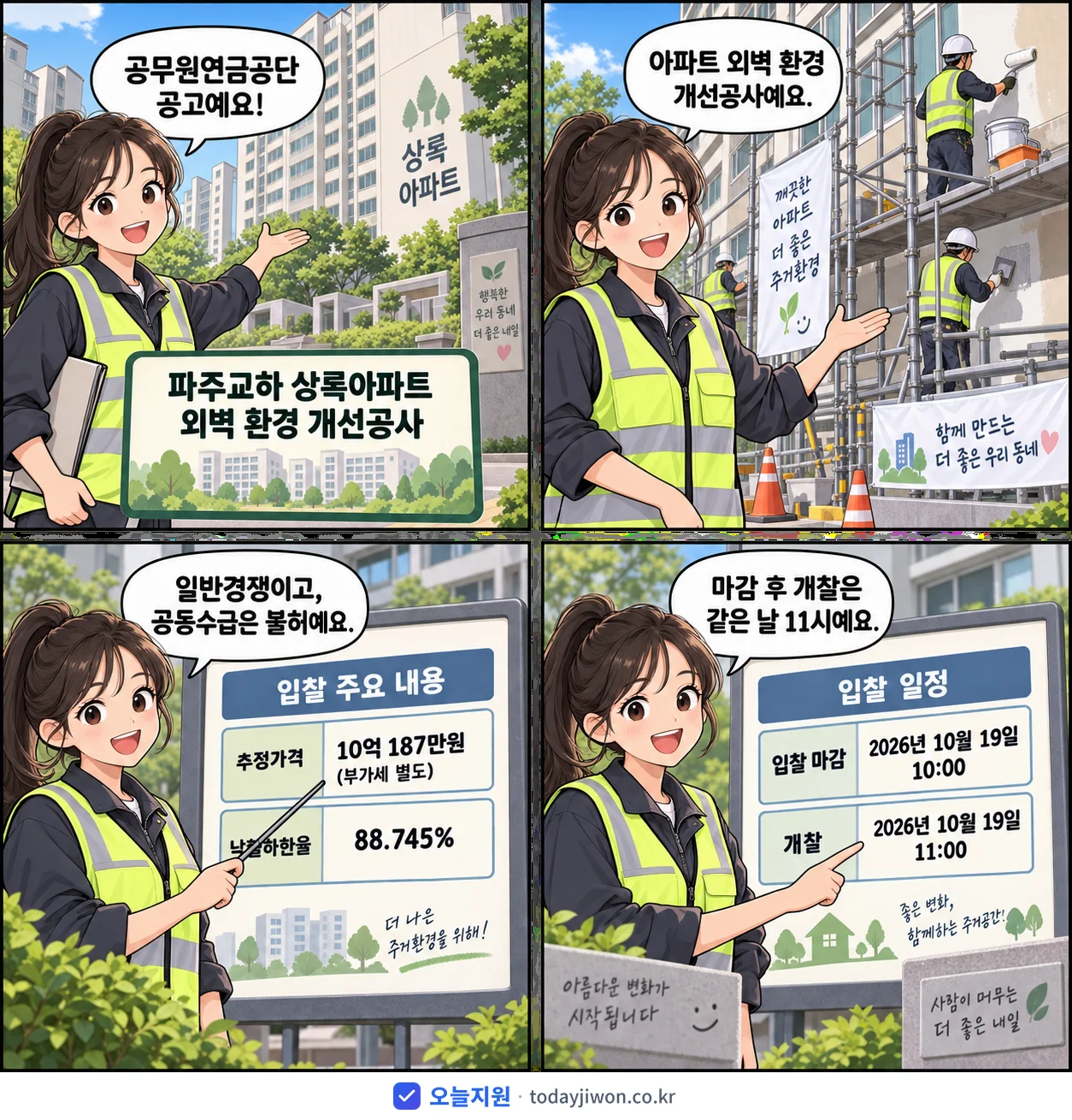 4컷 만화로 보는 공고: 공무원연금공단 '파주교하 상록아파트 외벽 환경 개선공사', 추정가격 10억 187만원, 입찰 마감 10/19 10:00