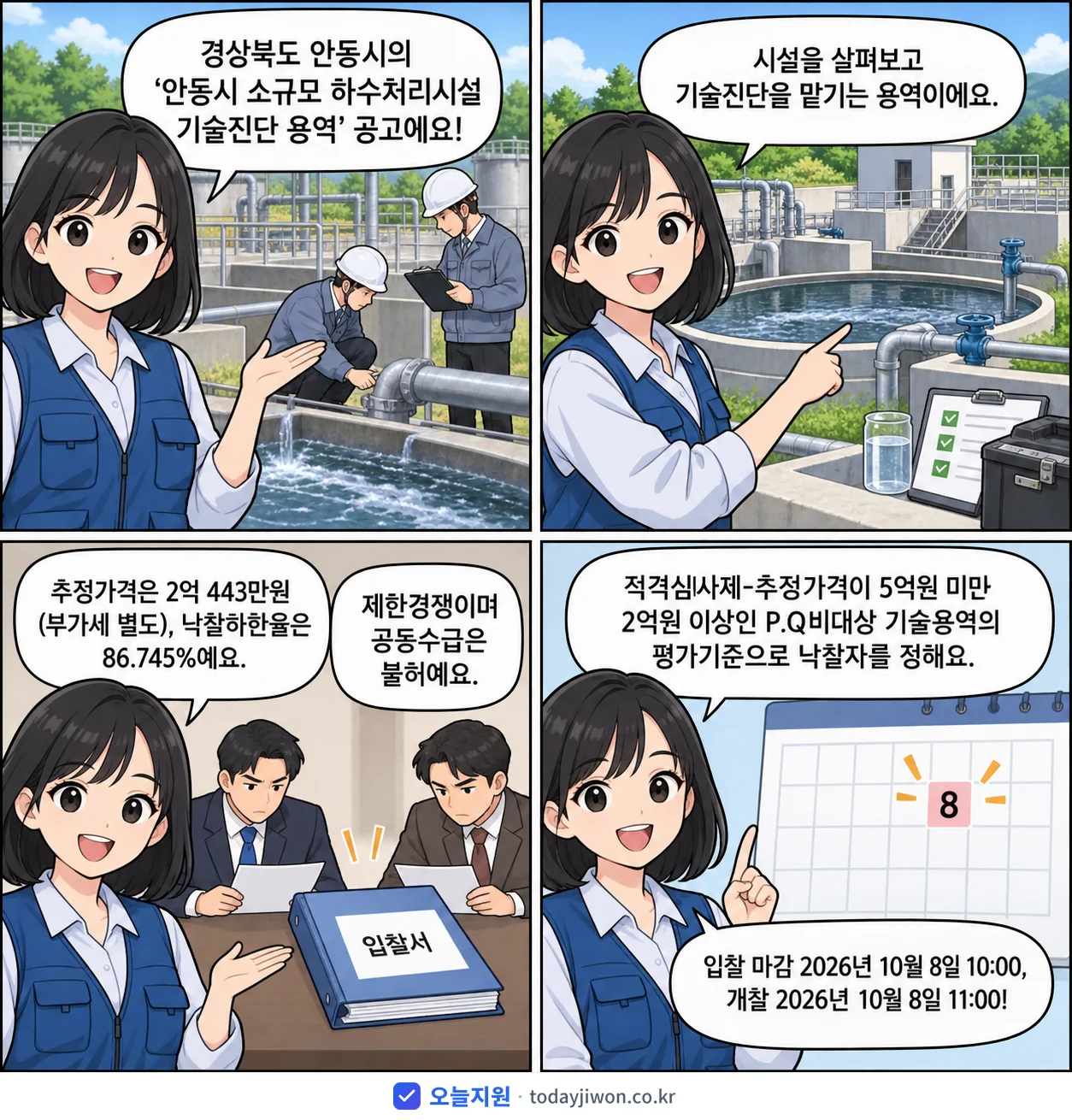 4컷 만화로 보는 공고: 경상북도 안동시 '안동시 소규모 하수처리시설 기술진단 용역', 추정가격 2억 443만원, 입찰 마감 10/8 10:00