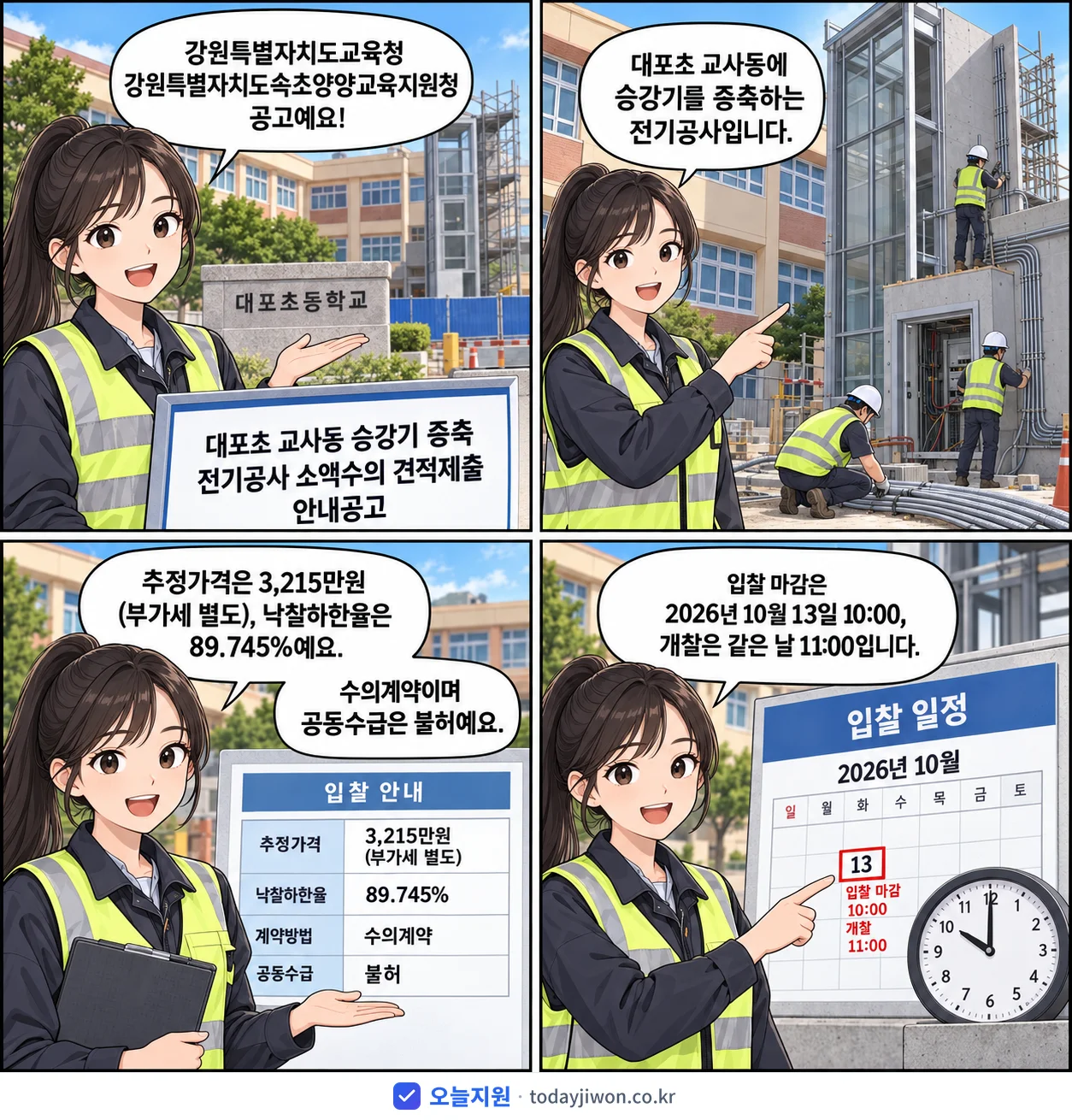4컷 만화로 보는 공고: 강원특별자치도교육청 강원특별자치도속초양양교육지원청 '대포초 교사동 승강기 증축 전기공사 소액수의 견적제출 안내공고', 추정가격 3,215만원, 입찰 마감 10/13 10:00