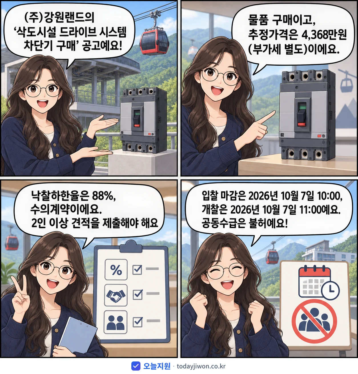 4컷 만화로 보는 공고: (주)강원랜드 '삭도시설 드라이브 시스템 차단기 구매', 추정가격 4,368만원, 입찰 마감 10/7 10:00