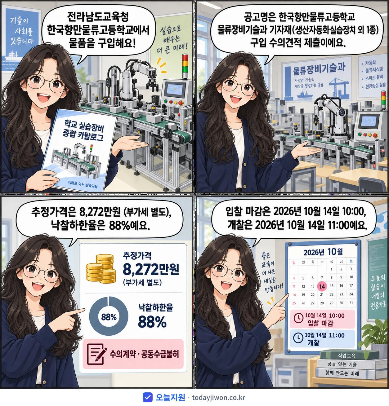 4컷 만화로 보는 공고: 전라남도교육청 한국항만물류고등학교 '한국항만물류고등학교 물류장비기술과 기자재(생산자동화실습장치 외 1종)…', 추정가격 8,272만원, 입찰 마감 10/14 10:00