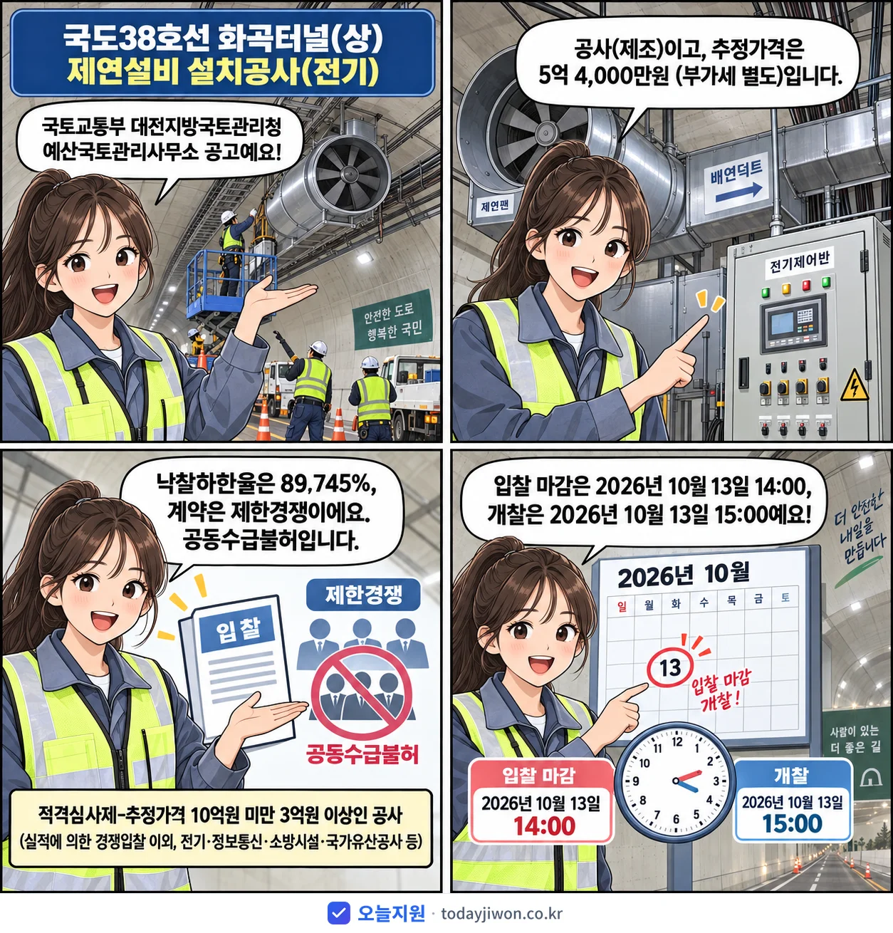 4컷 만화로 보는 공고: 국토교통부 대전지방국토관리청 예산국토관리사무소 '국도38호선 화곡터널(상) 제연설비 설치공사(전기)', 추정가격 5억 4,000만원, 입찰 마감 10/13 14:00