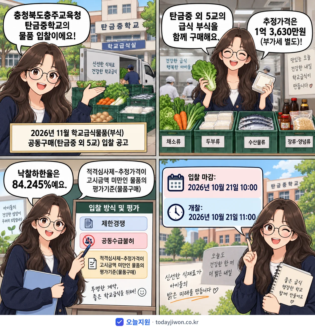 4컷 만화로 보는 공고: 충청북도충주교육청 탄금중학교 '11월 학교급식물품(부식) 공동구매(탄금중 외 5교) 입찰 공고', 추정가격 1억 3,630만원, 입찰 마감 10/21 10:00